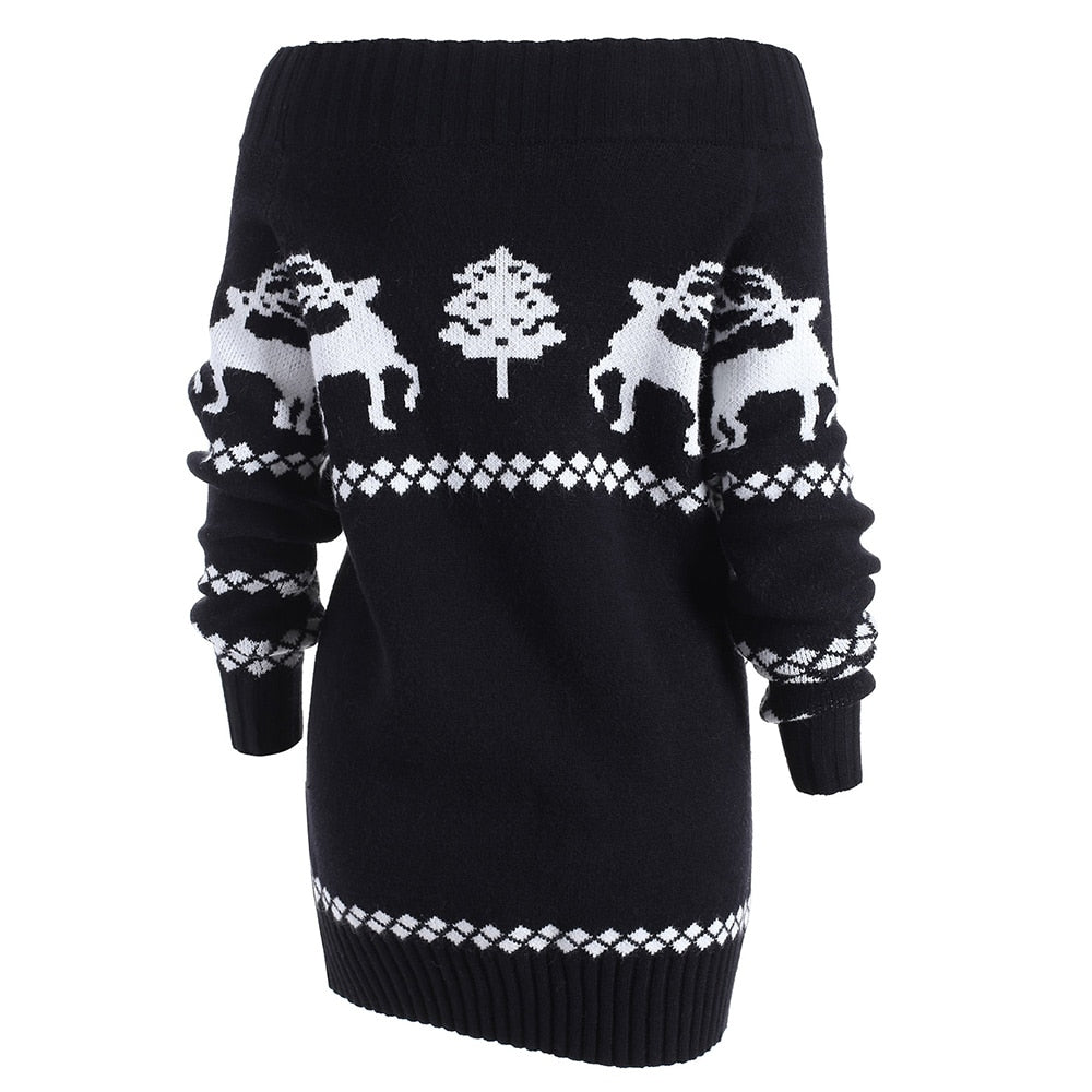 Off The Shoulder Elk Print Christmas Sweater