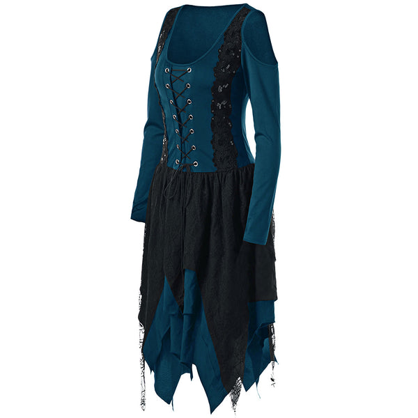 Gothic Cold Shoulder Long Sleeve Lace Up Layered Gamiss Handkerchief Dress
