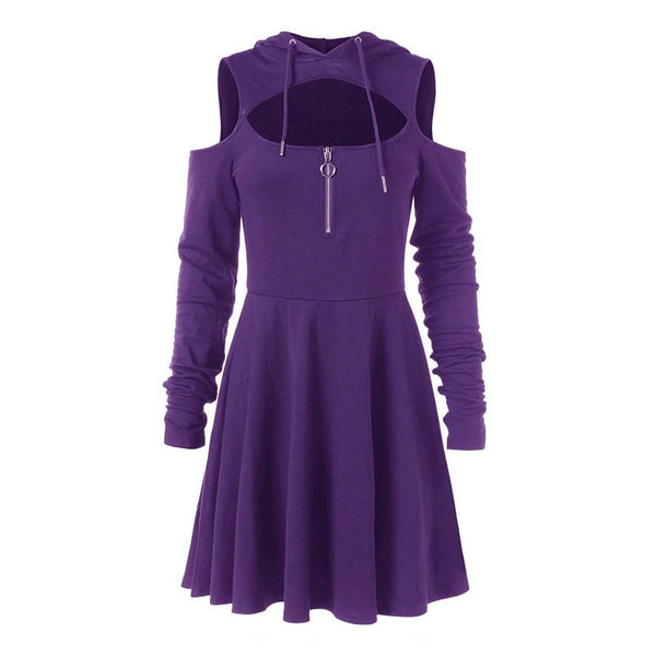 Off Shoulder Long Sleeve Hooded Gothic Dress