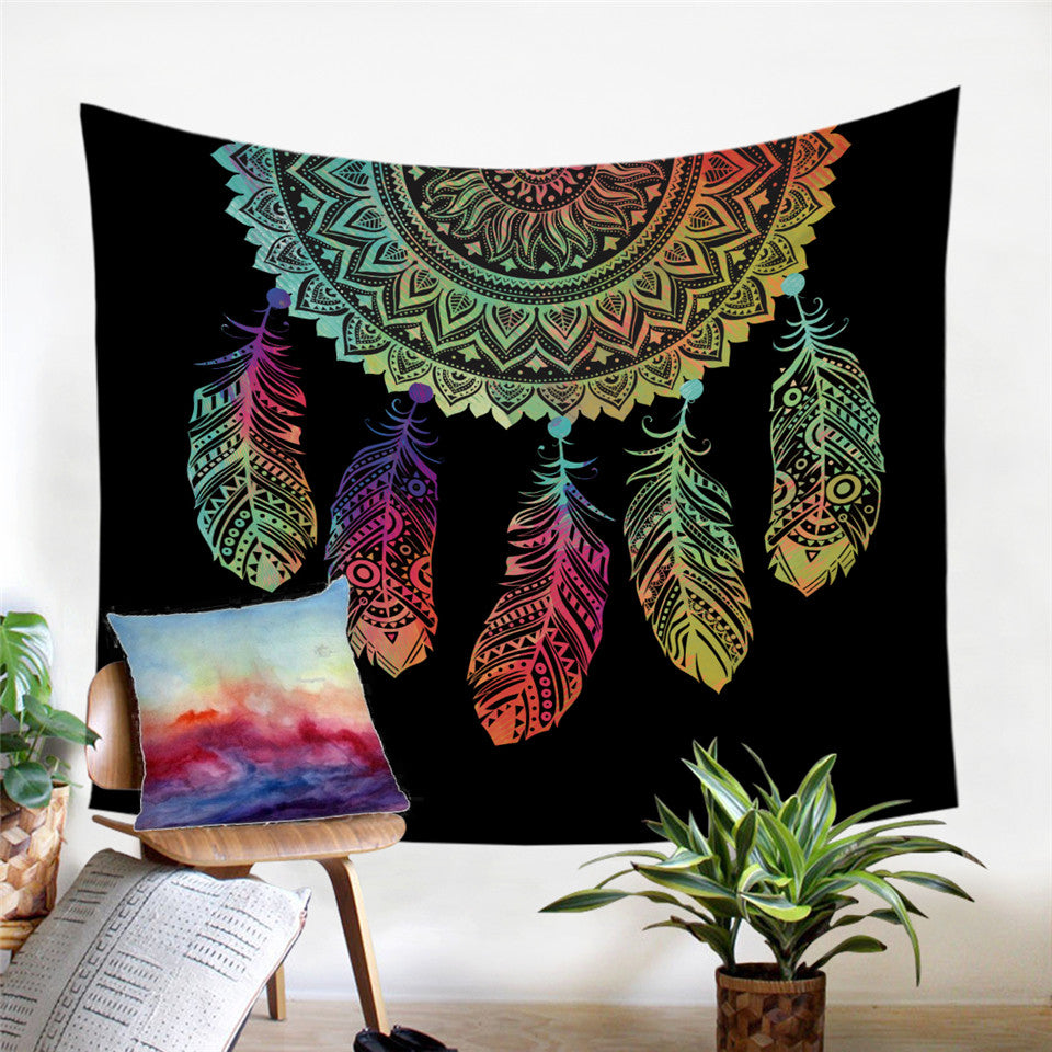 Boho Feathers Colored Dreamcatcher Microfiber Decorative Wall Tapestry