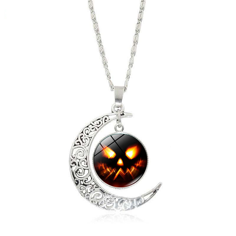 Crescent Moon Glass Cabochon Halloween Pendant Necklaces