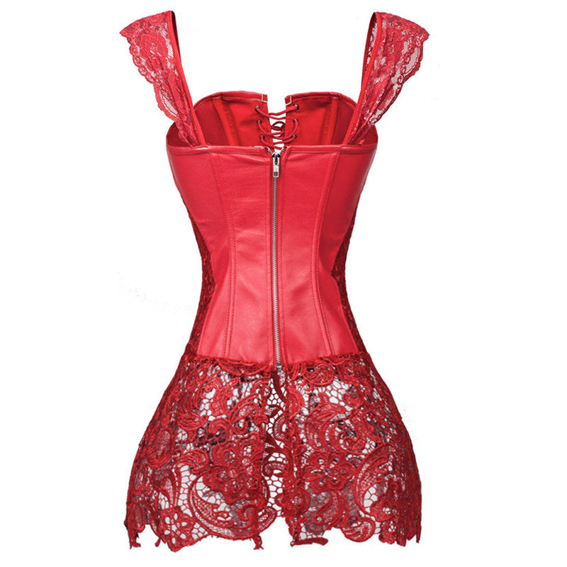 Women Black Faux Leather & Lace Burlesque Steampunk Corset Dress