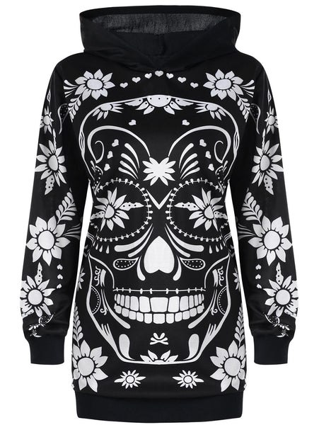 Azulina Hooded Floral Skull Print Sweatshirt