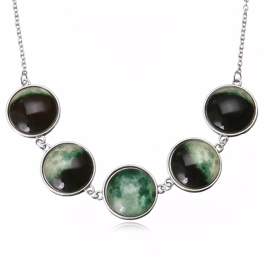 Luminous Dome Cabochon Glow In The  Dark Lunar Moon Phase Necklace
