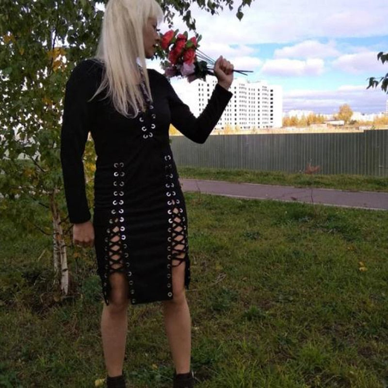 Lace Up Long Sleeve Black Gothic Dress