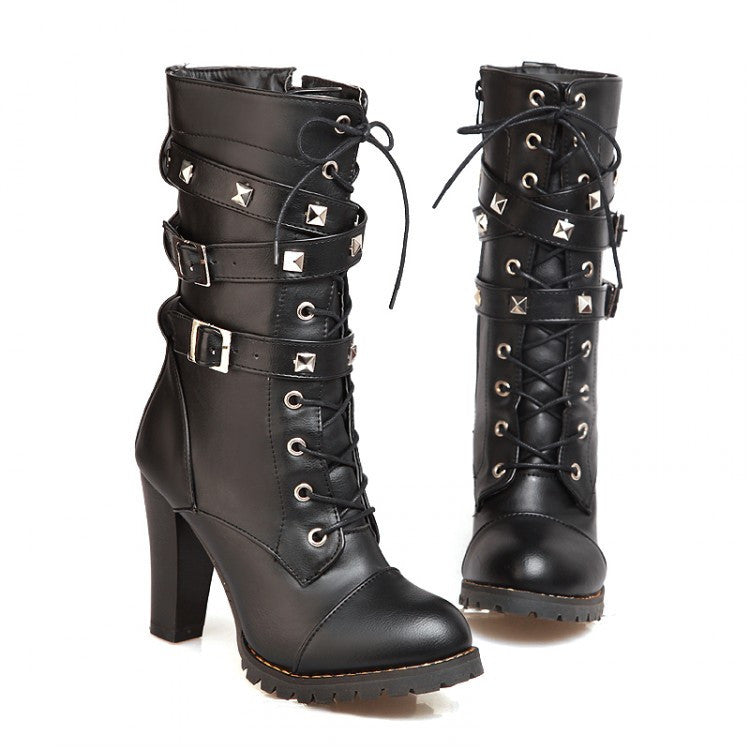 Rivet Buckle High Heel Lace up Gothic Style Ankle Boots