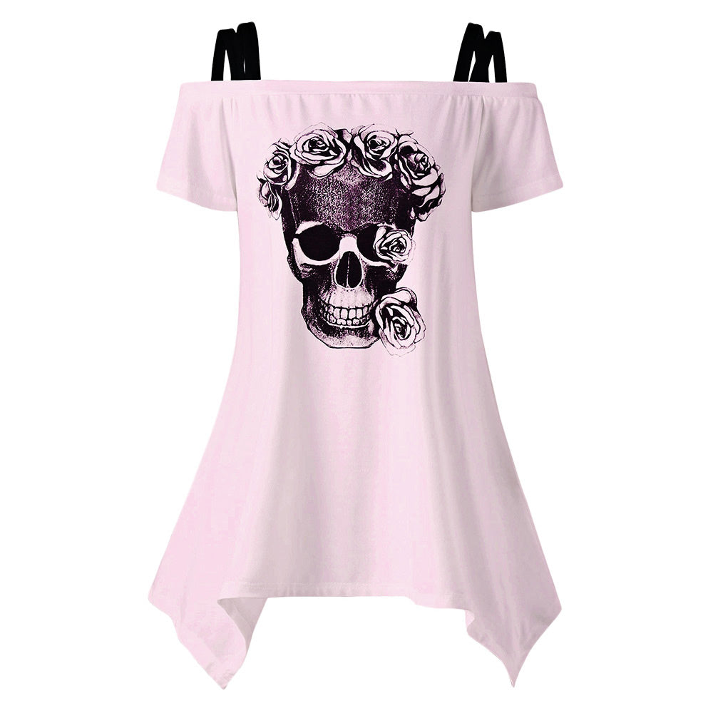 VestLinda Asymmetric Off Shoulder Skull Blouse