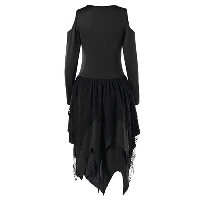 Gothic Cold Shoulder Long Sleeve Lace Up Layered Gamiss Handkerchief Dress