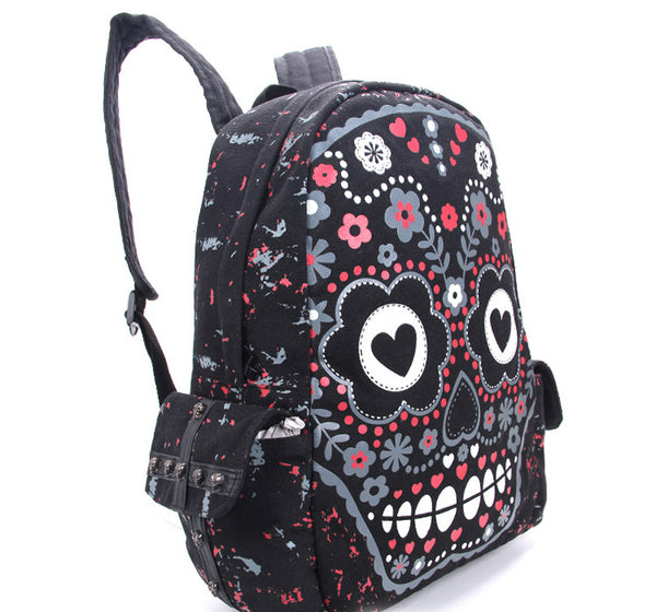Sugar Flower Printed Skull Gothic Punk Backpack Bag