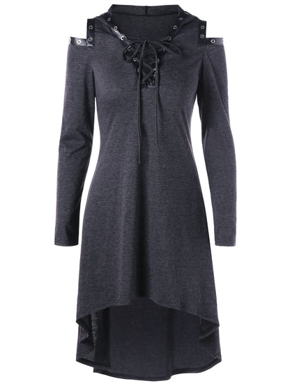 Lace up Long Sleeve Hooded Gothic Dress