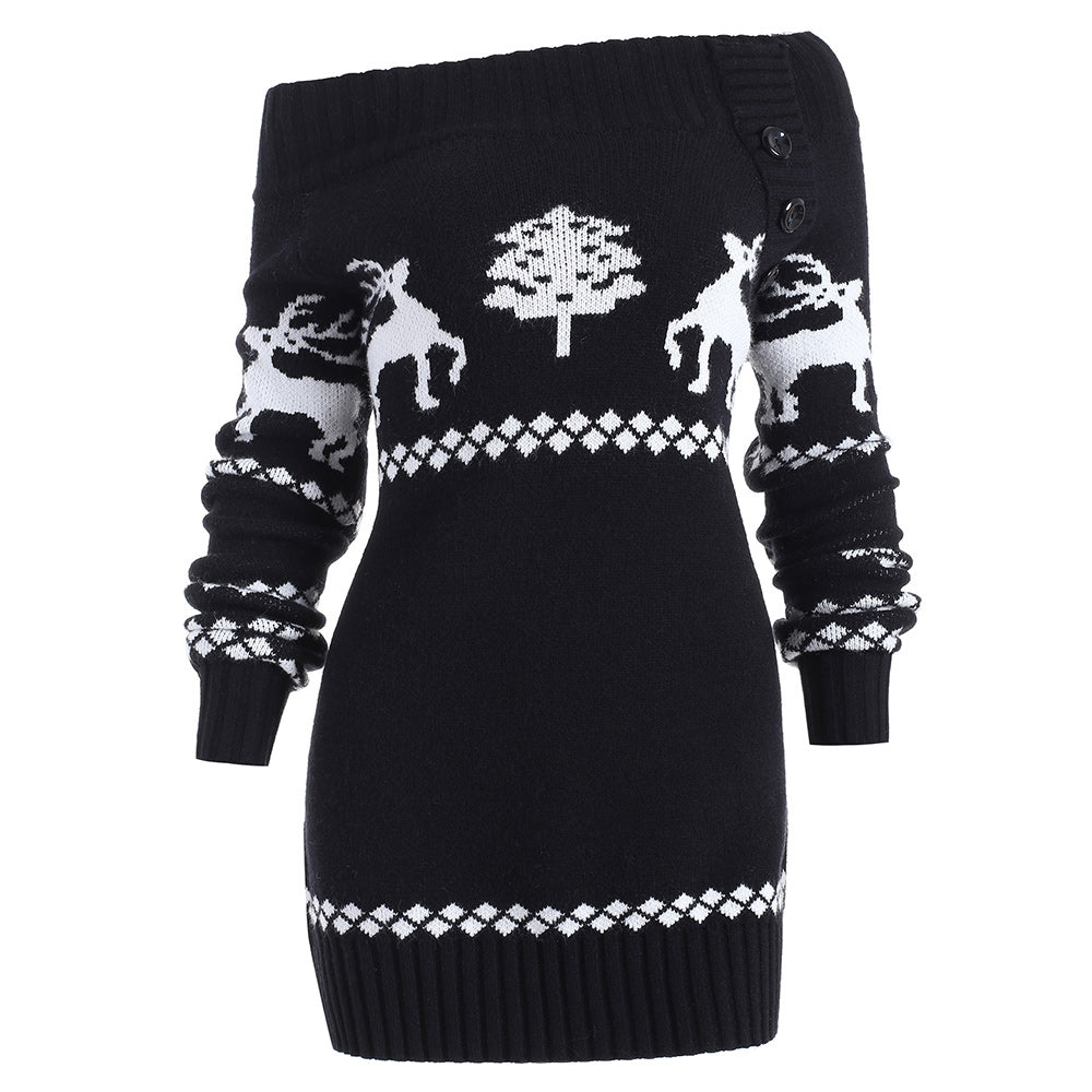 Off The Shoulder Elk Print Christmas Sweater