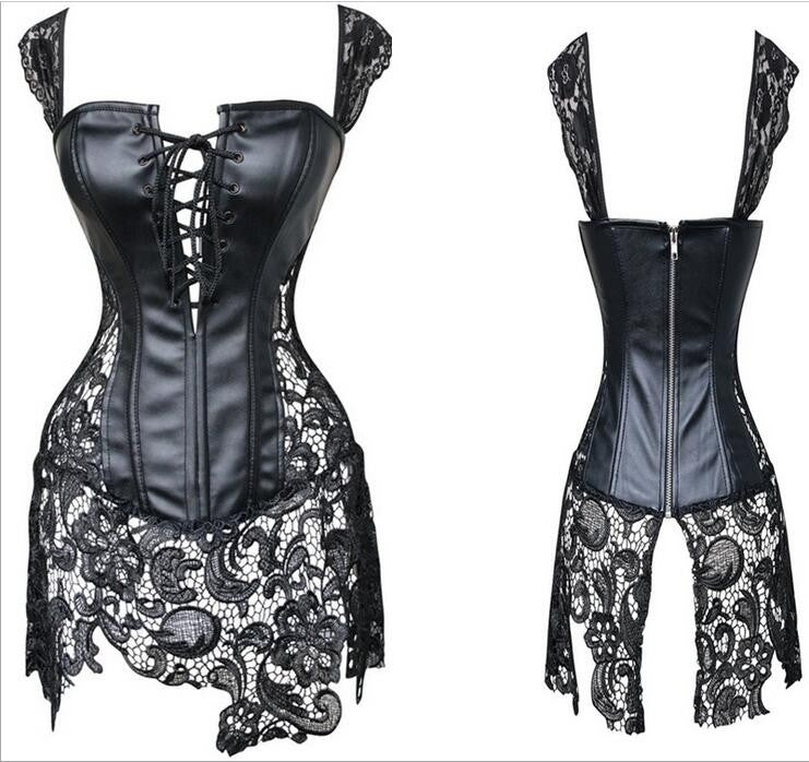Women Black Faux Leather & Lace Burlesque Steampunk Corset Dress