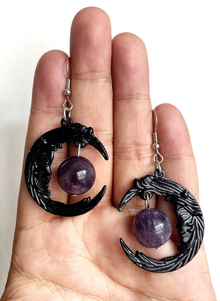 Purple Crystal Crescent Moon Earrings