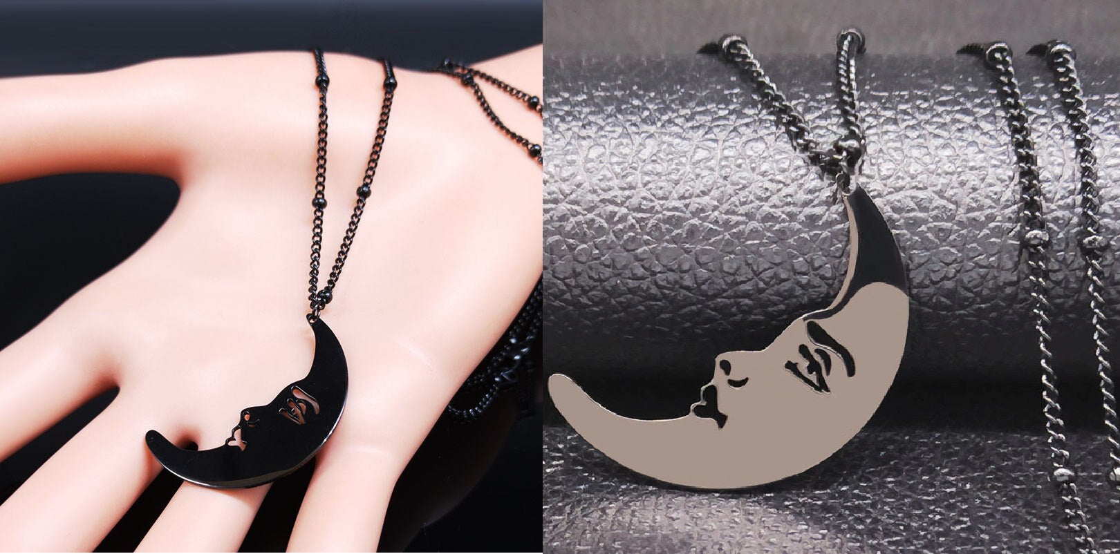 The Moon Face Stainless Steel Black Necklace