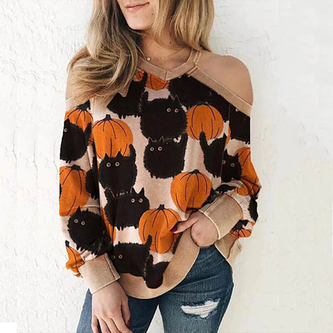 Off Shoulder Black Cat & Pumpkins Sweater