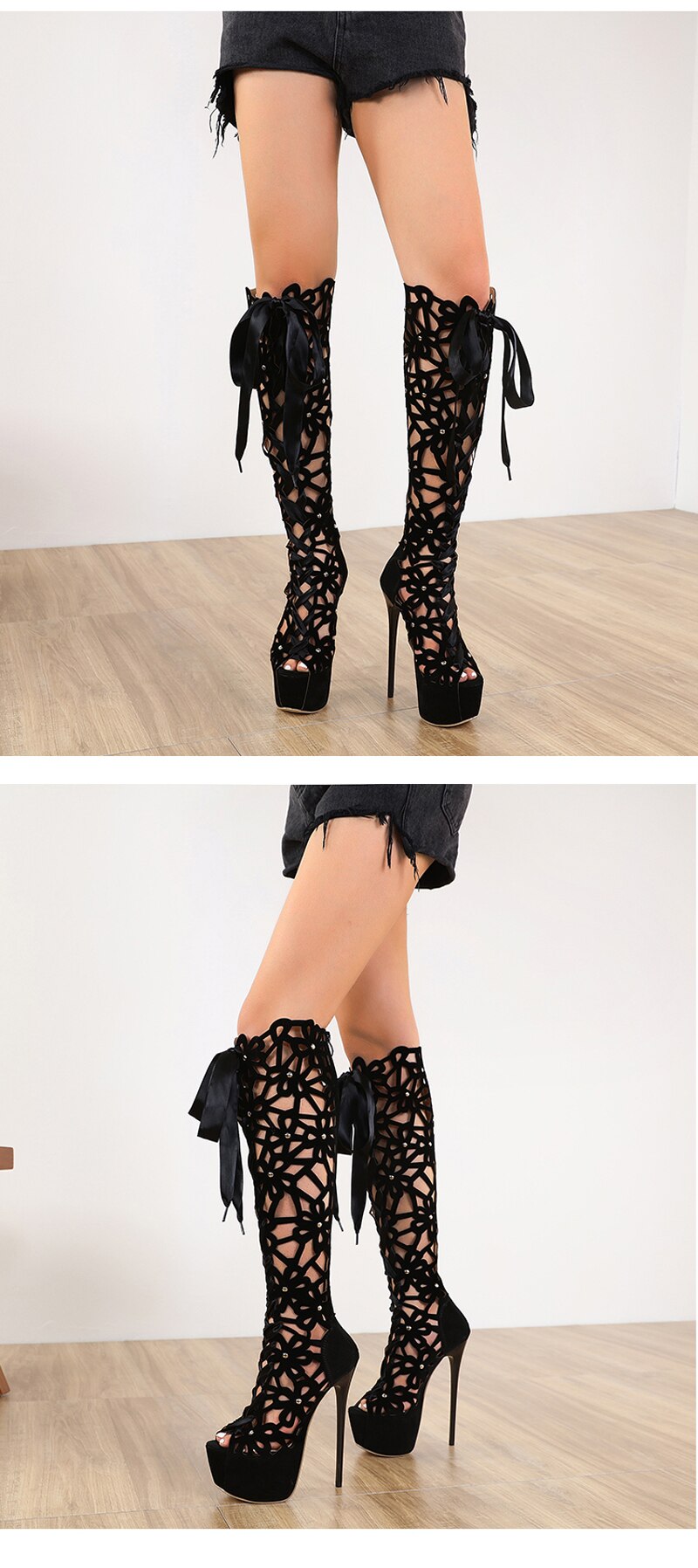 Long Boot Stiletto High Heel Open Toe Sandals