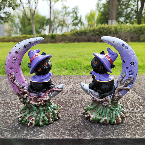 2pc Cat with Witch Hat Moon Figurines