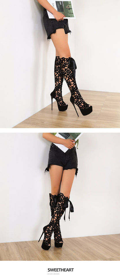 Long Boot Stiletto High Heel Open Toe Sandals