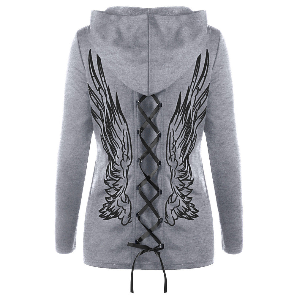 VESTLINDA Lace-up Wings Print Zip Up Hooded Sweatshirt