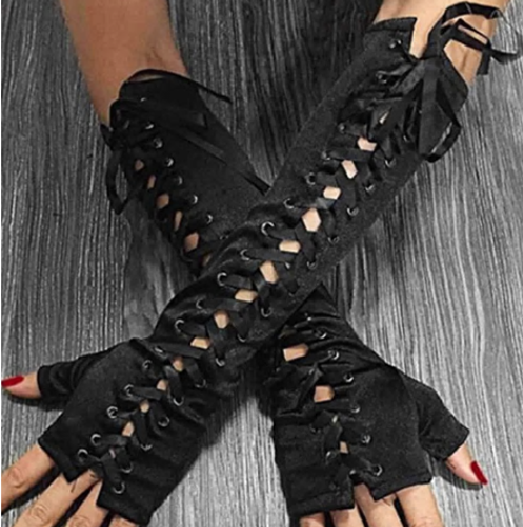 Long Black Gothic Steampunk Lace Up Gloves