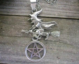 Witch Flying Broom Pentagram Necklace