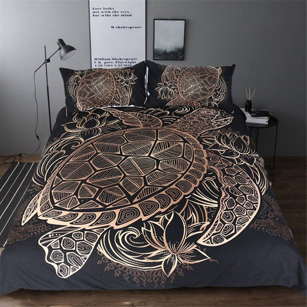 Golden Tortoise Lotus Flower Luxury Duvet Bedding Set