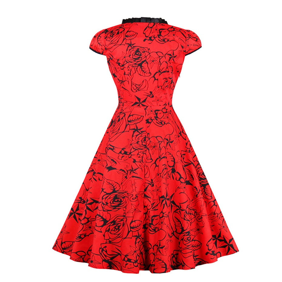 Rosetic Gothic Red & Black Floral Lace Up Dress
