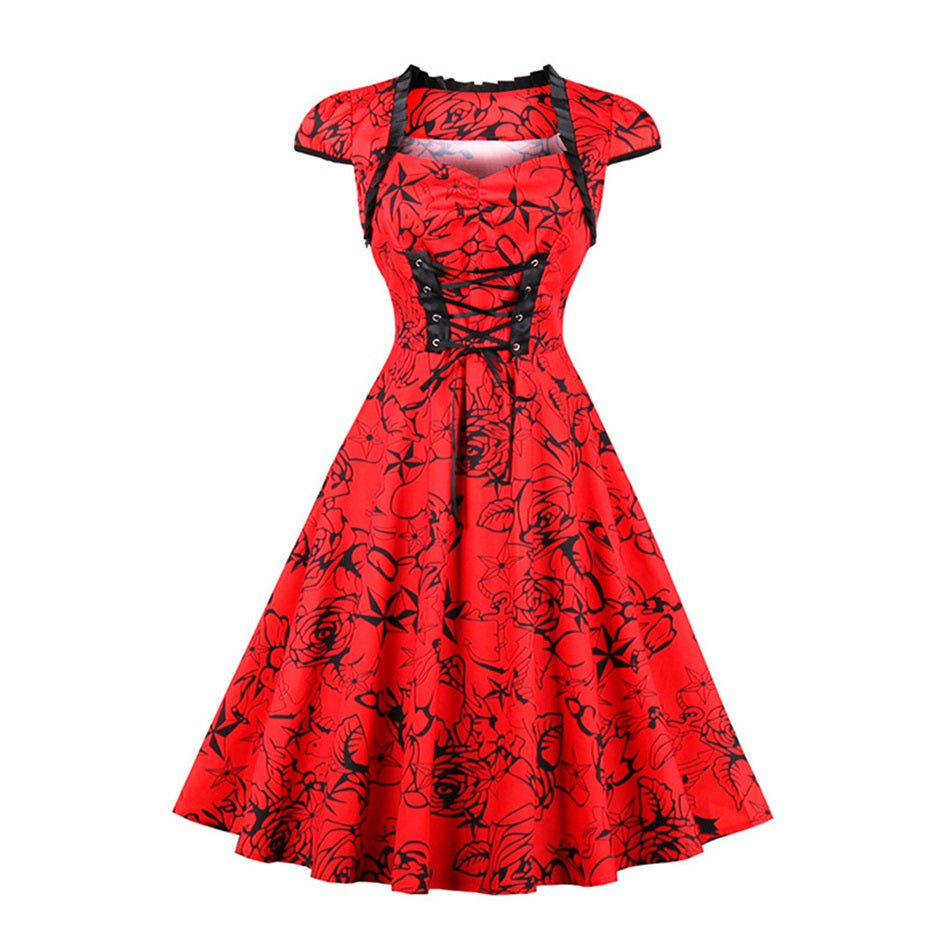 Rosetic Gothic Red & Black Floral Lace Up Dress