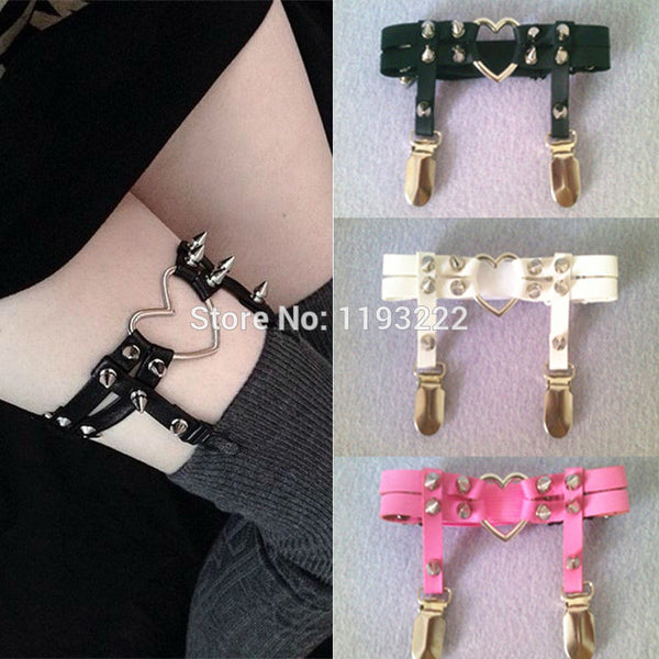 Handmade Leg Garter Faux Leather Spike Stud Punk Goth Heart Round Leg Belt Harness