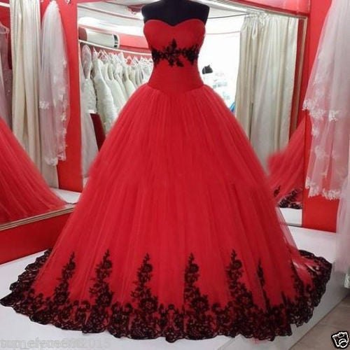 Vintage Ball Gown Princess Black And Red Sweetheart Gothic Wedding Dress