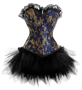 Burlesque Blue Gold Victorian Brocade Corset &Tutu Skirt Halloween Costume