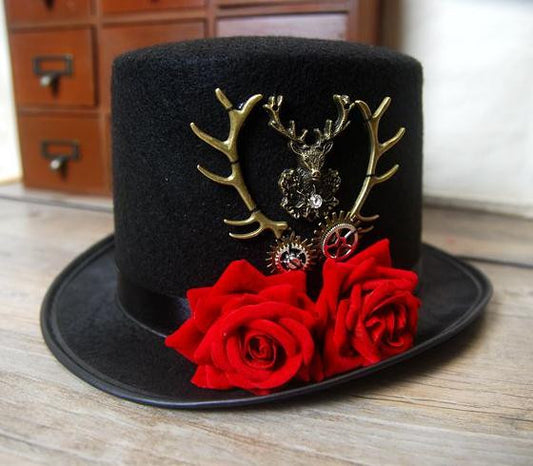 Steampunk Gear & Deer Head Top Hat Retro Gothic Lolita Fedora