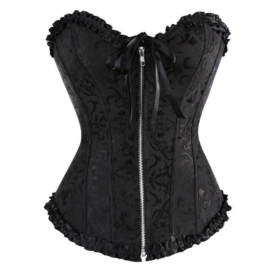 Zip Front Corset Jacquard Floral Lace Up