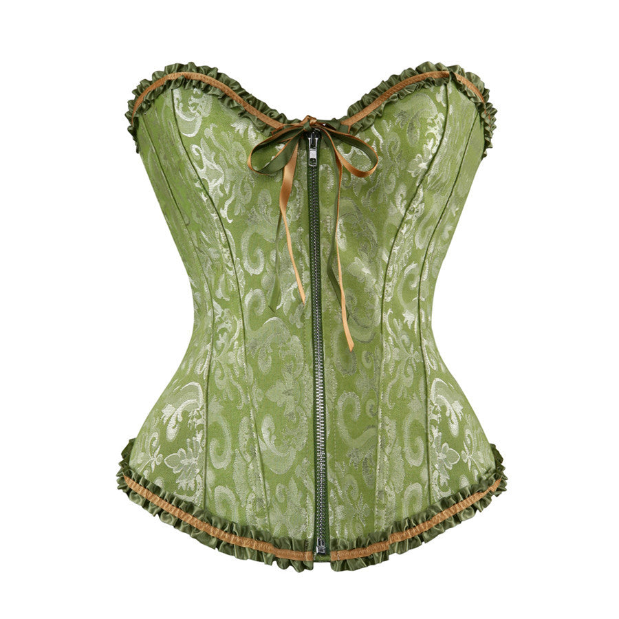 Zip Front Corset Jacquard Floral Lace Up