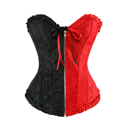 Zip Front Corset Jacquard Floral Lace Up