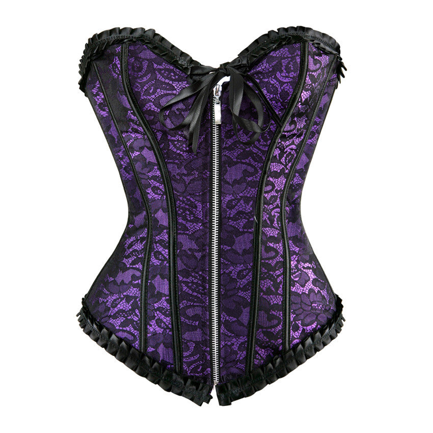 Zip Front Corset Jacquard Floral Lace Up