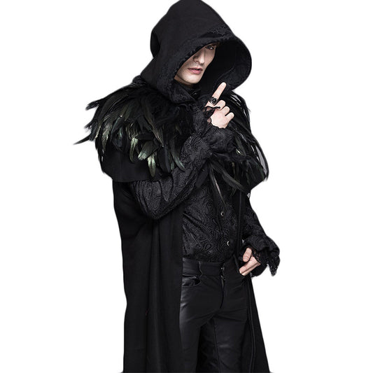 Steampunk Hooded Gothic Trench Coat Feather Shawl