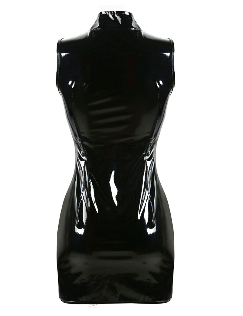 Gothic Black Shiny Zip Up Mini Dress