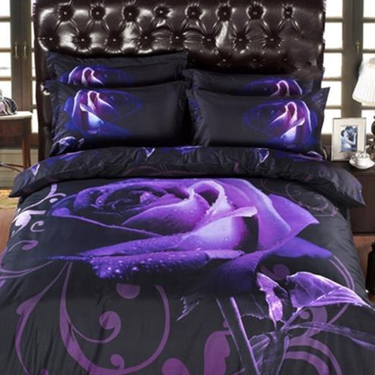 3D 3/4pc Black Purple Rose Duvet Cover Bedding Set