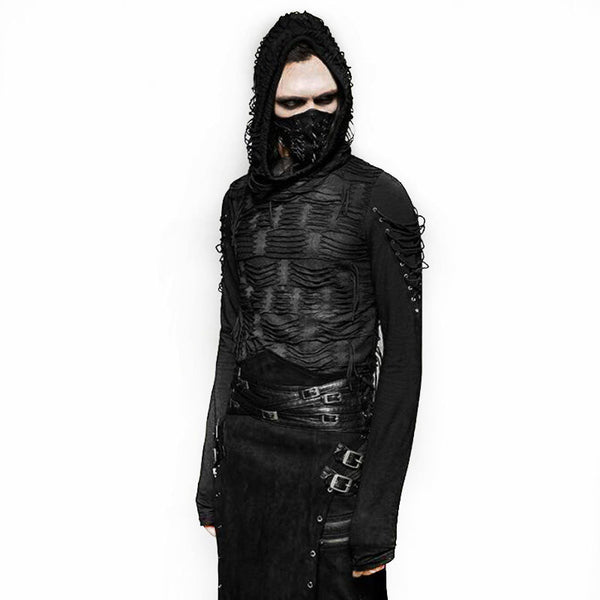 Gothic Hooded T-shirt Black Punk O-neck Long Sleeve Top