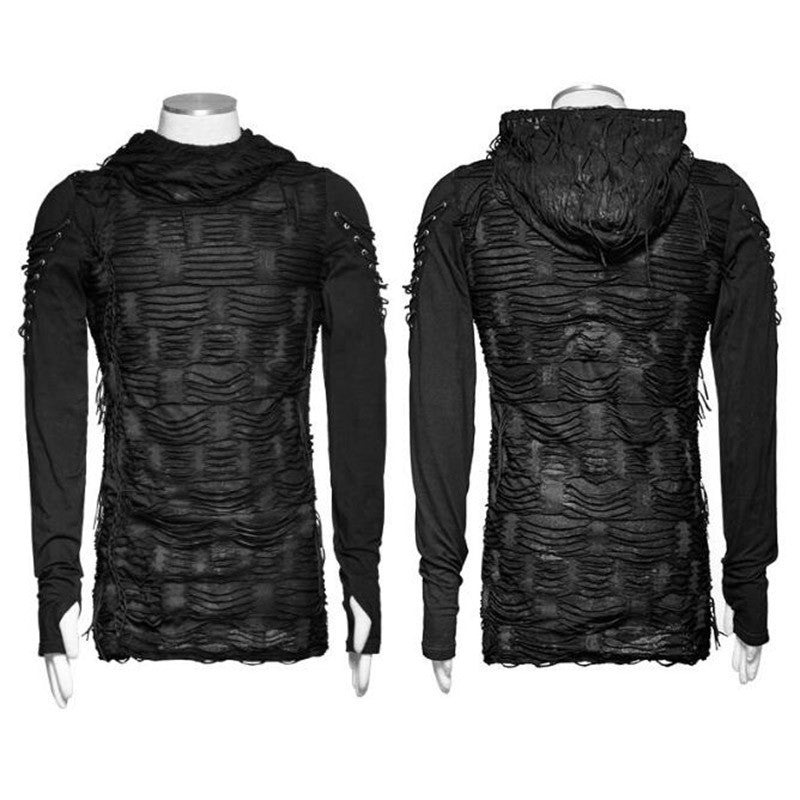 Gothic Hooded T-shirt Black Punk O-neck Long Sleeve Top
