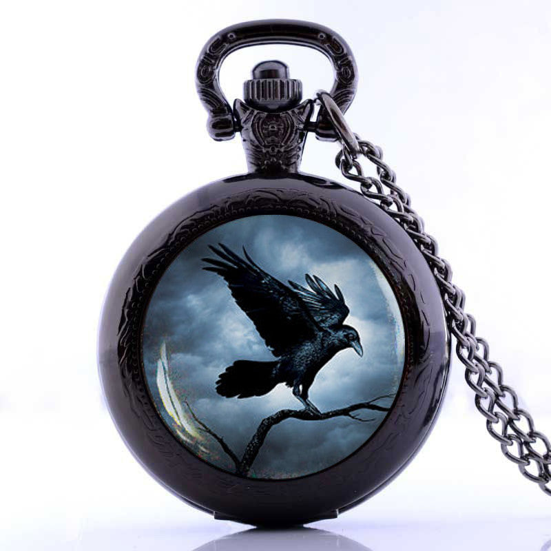 Steampunk Raven Gothic Crow Pocket Watch Necklace
