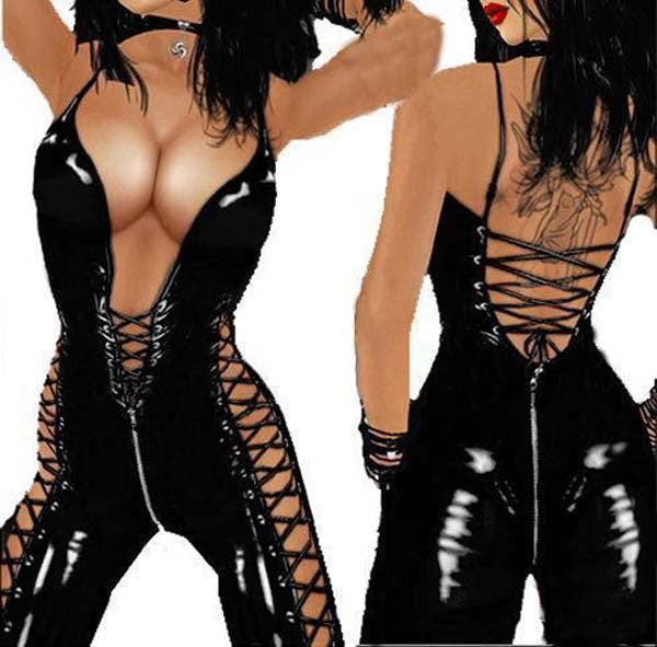 Women Faux Leather Body Suit Zipper Open