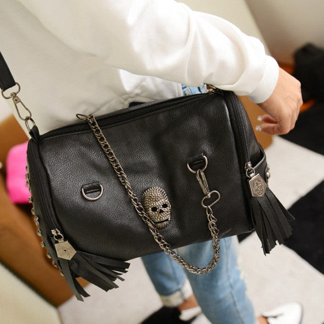 Women Black Leather Skull Messenger Bag