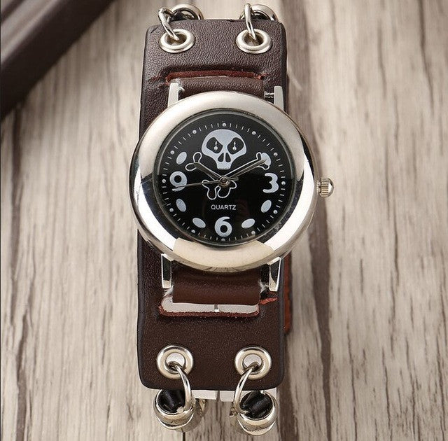 Brown Leather Skull Steam Punk Wristwatch