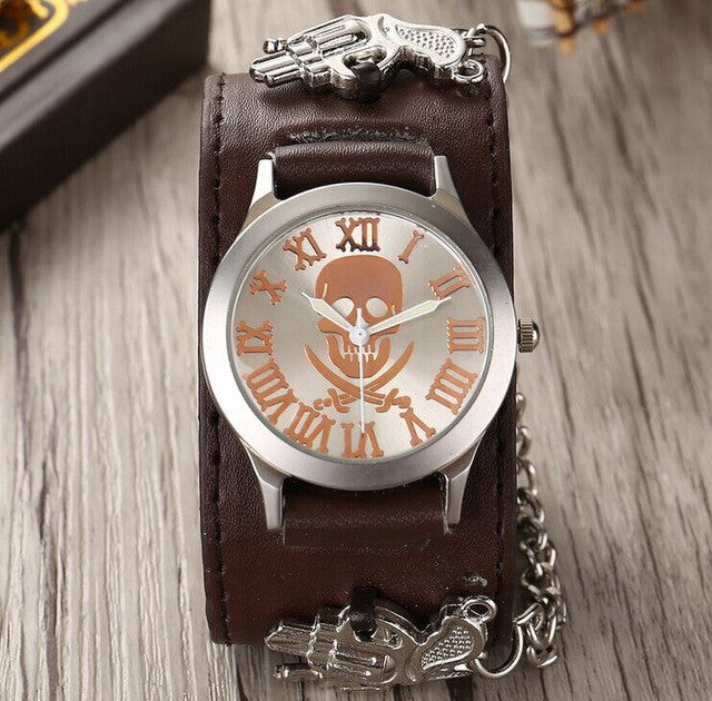 Brown Leather Skull Steam Punk Wristwatch