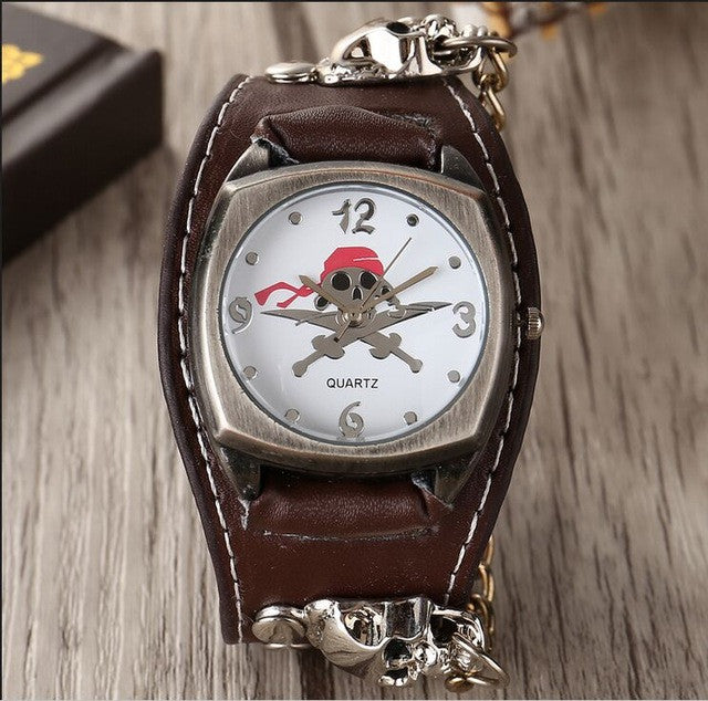 Brown Leather Skull Steam Punk Wristwatch