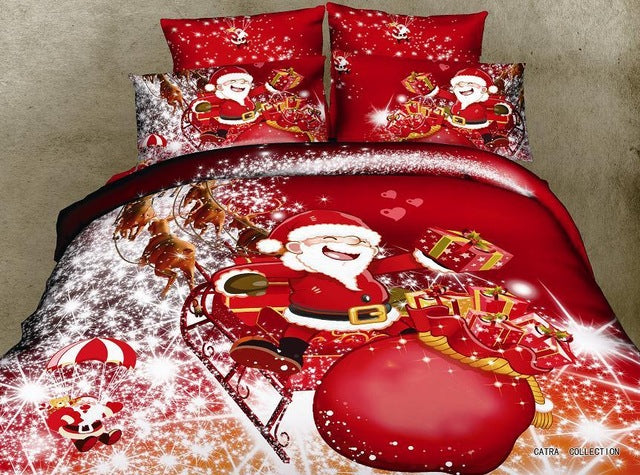 3D 4pcs Red Santa Claus Bedding Duvet Cover Sheet Set