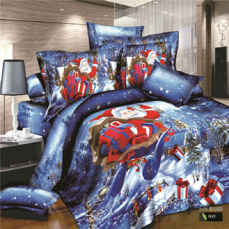 4pcs Santa Claus Christmas Blue Bedding Duvet Set
