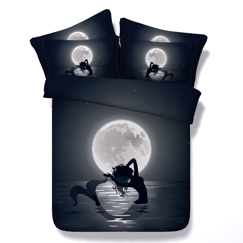 3D 4pc-5pc Black Mermaid Moon Duvet Cover Bedding Set
